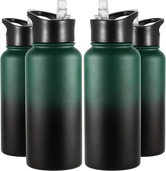 VEGOND 32 oz Insulated Water Bottle Bulk Stainless Steel Metal Water Bottles with Leak Proof Straw Lid & Spout Lid, Wide Mouth Double Walled Vacuum Travel Sports Bottle, 4 Pack
