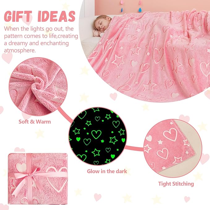 Glow in The Dark Heart Blanket,Heart Gifts Toys for Girls, Birthday Presents Decor for Kids Age 3-14 Year Old Daughter Teen Child Toddler Soft Luminous Christmas Bedroom Throw Blanket 50"x60"