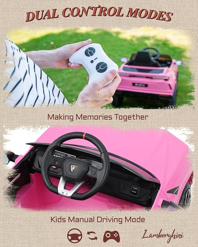 First Ride On Electric Car for Kids 12V Licensed Lamborghini Ride On Car with Remote Control, LED Lights, Music Players, Lockable Doors, Spring Suspension, Toddler Cars to Drive (Pink)