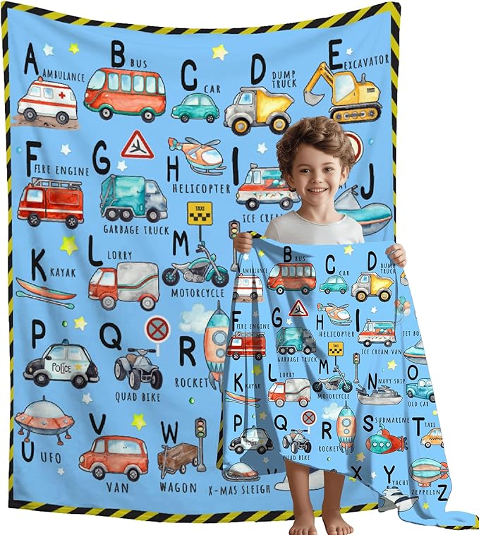 ABC Truck Alphabet Transportation Blanket Throw Super Soft and Cozy Blankets for Home Decoration, Couch, Bed, Sofa 60 in x 50 in Medium for Teen for All Seasons