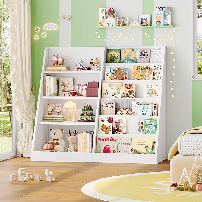 6 Tier Kids Bookshelf and Toy Storage Organizer, Child-Friendly Height & Stable Triangle Design, Toddler Book Shelf for Kids Room, Playroom, Bedroom, Classroom, Nursery, School, White
