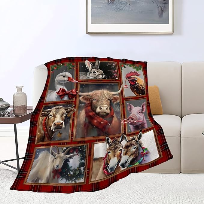 Christmas Blanket Highland Cow Farm Animal Throw Blanket Ultra Soft Cozy Fleece Goat Chicken Goose Duck Pig Donkey Gift Fuzzy Plush Bedding Blankets for Kids Adult Girls Boys Women Men 60"x50"