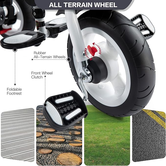 JMMD Baby Tricycle, 7-in-1 Folding Kids Trike with Adjustable Parent Handle, Safety Harness & Wheel Brakes, Removable Canopy, Storage, Stroller Bike Gift for Toddlers 18 Months - 5 Years, Grey