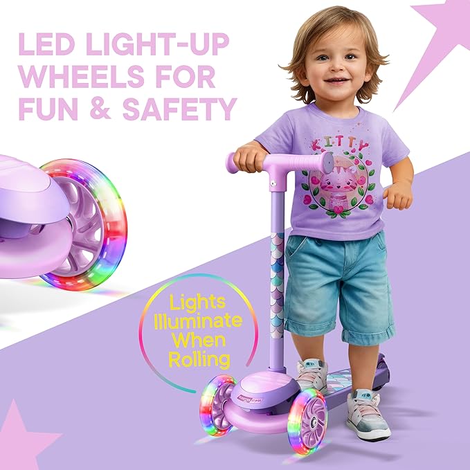 3 Wheel Scooter for Kids, Smooth Light Up LED Front Wheels, Wide Anti Slip Deck, Rear Foot Brake, Easy Lean to Steer Maneuvering, Indoor & Outdoor Ride On Toys for Ages 2 Up