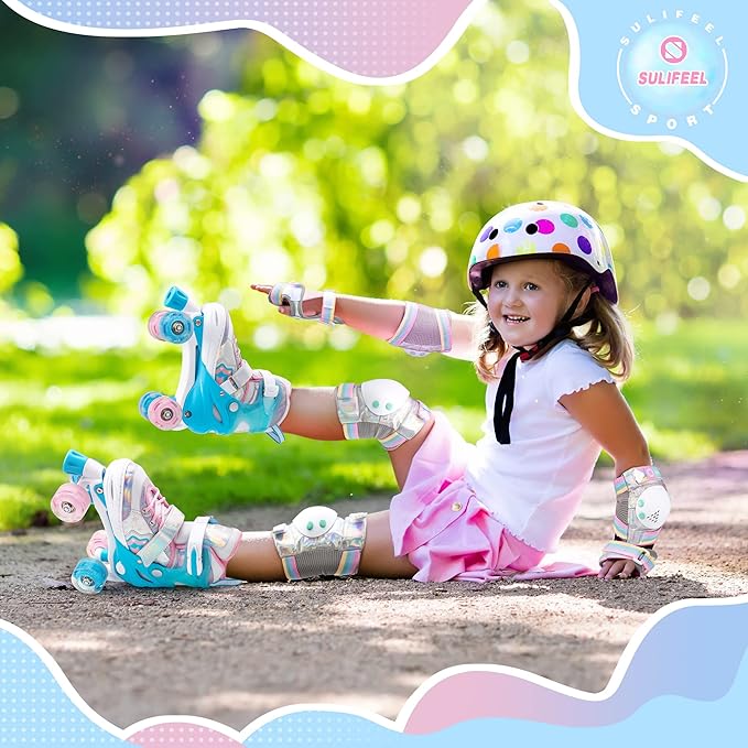 SULIFEEL Rainbow Unicorn 4 Size Adjustable Light up Roller Skates for Girls Boys for Kids