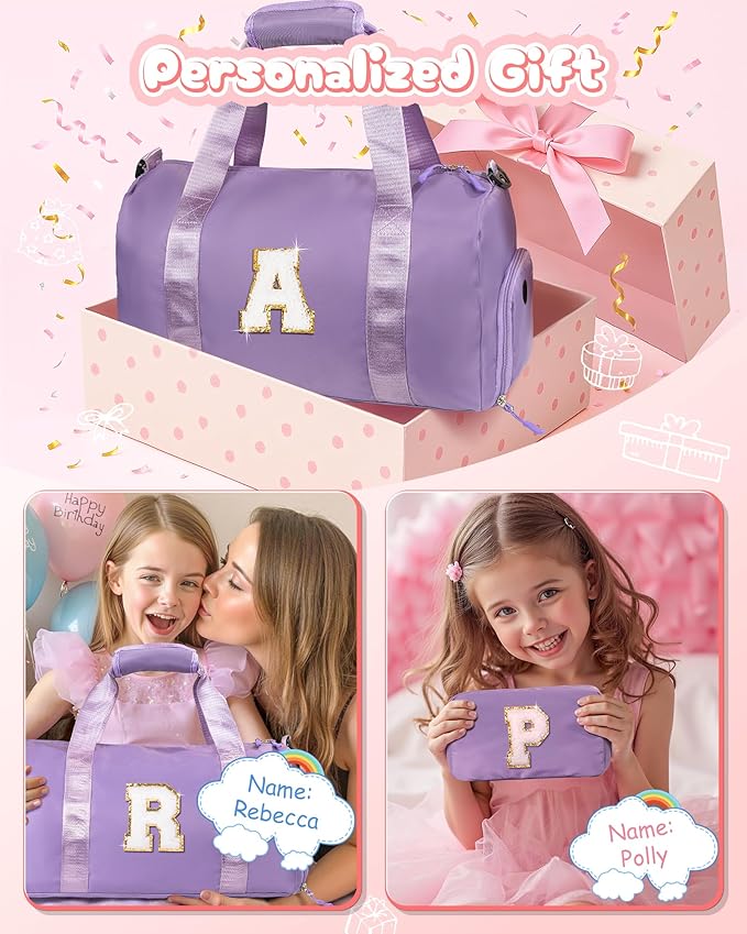 Kid Birthday Gift for Girls-Girl Gym Bag with Shoe Compartment, Kid Personalized Weekender Overnight Bags, Initial Travel Tote with Makeup Pouch, Preppy Stuff Gifts for Kids (Letter F)