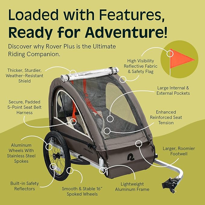 Retrospec Rover Plus Foldable Bike Trailer for Kids, Single/Double Passenger Child Bike Trailer with 5-Point Safety Harness, Reflective, Weather-Resistant Fabric and Safety Flag - Supports 40-80 lbs