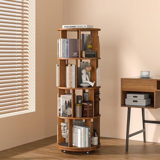 4-Tier Solid Wood Rotating Bookshelf on Wheels, 360° Spinning Book Shelf Tower, Round Revolving Bookcase Organizer, Rolling Bookshelves for Small Spaces, Corner, Bedroom, Kids Room, Office, Walnut