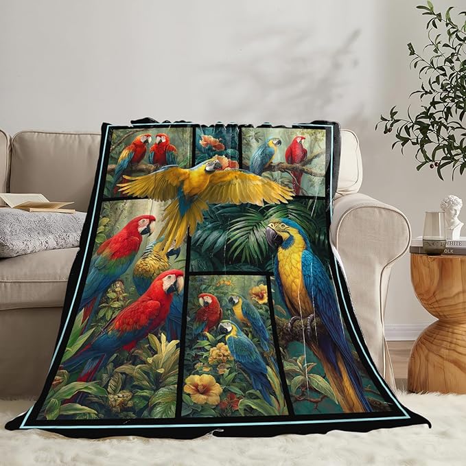 Parrot Blanket Gifts for Girls Women Boys Tropical Birds Throw Blankets Cozy Plush Fleece Botanical Flannel Fuzzy for Couch Decor 60"X50"
