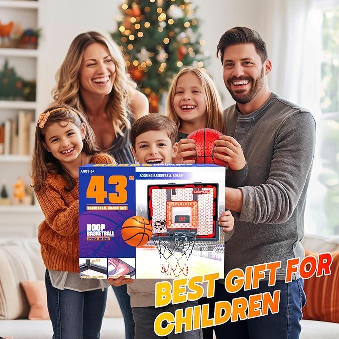 Indoor Basketball Hoop Toy for Kids - Mini Basketball Hoops with Scoreboard&4 Balls, Anti-Impact Backboard&Music Lights, Indoor Outdoor Basketball Sports Toys for Kids 4-8 8-12