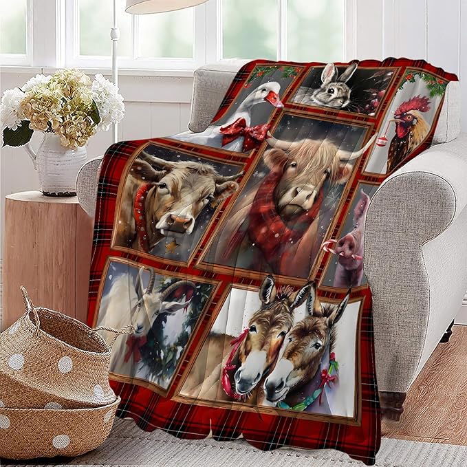 Christmas Blanket Highland Cow Farm Animal Throw Blanket Ultra Soft Cozy Fleece Goat Chicken Goose Duck Pig Donkey Gift Fuzzy Plush Bedding Blankets for Kids Adult Girls Boys Women Men 60"x50"