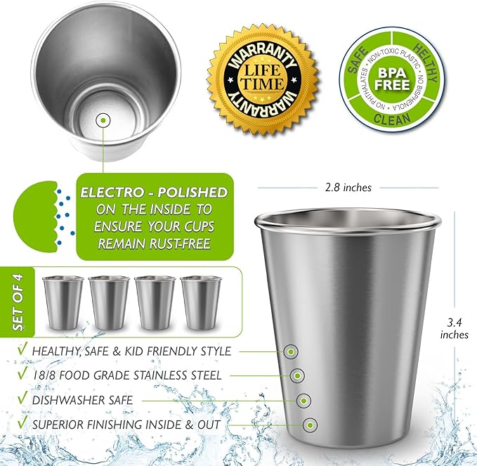 Stainless Steel Kids Cups 8 oz - Stainless Steel Small Children Cups for Home & Outdoor Activities, BPA Free Unbreakable Premium Stackable Metal Drinking Glasses (4-Pack)