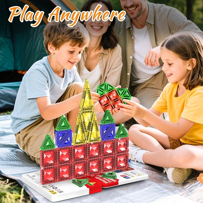 Mini Magnetic Tiles for Kids Ages 3-8, Travel Magnetic Building Blocks with Metal Storage Box, STEM Educational Toys, Montessori Sensory Learning Toys for Toddlers, Boys & Girls Gift for Christmas