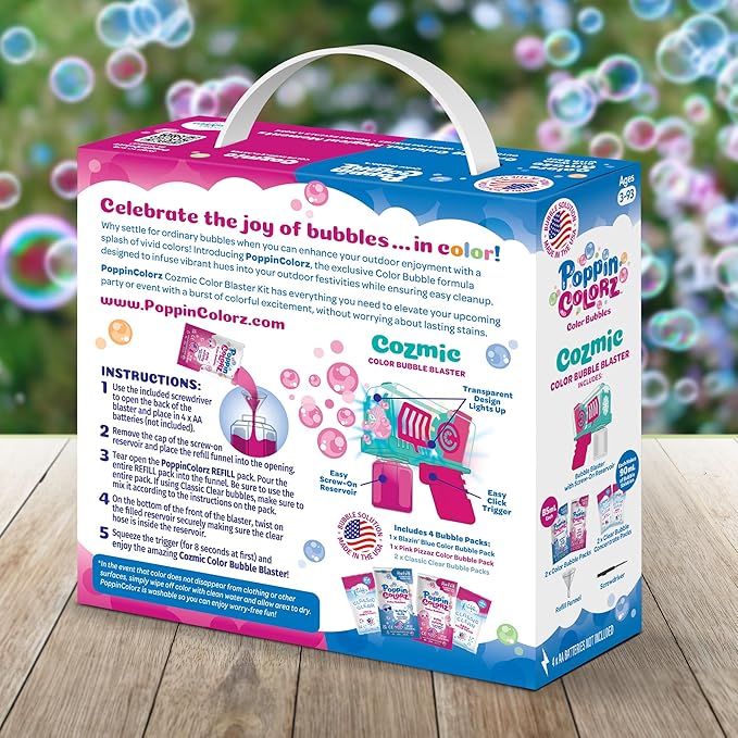 WOWMAZING PoppinColorz Cozmic Light-Up Color Bubbles Blaster with 1 Pink, 1 Blue and 2 Clear Bubble Solutions Made in The USA - No Dipping Necessary - Easy Click Trigger for Small Hands