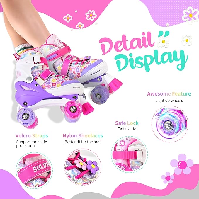 SULIFEEL Rainbow Unicorn 4 Size Adjustable Light up Roller Skates for Girls Boys for Kids