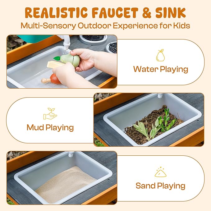 ROBOTIME Mud Kitchen for Kids Outdoor - Wooden Outdoor Play Kitchen Set with Real Water Play, Cooking Pots & Gardening Tools - Sensory Toy Kitchen for Pretend Play Ages 3+