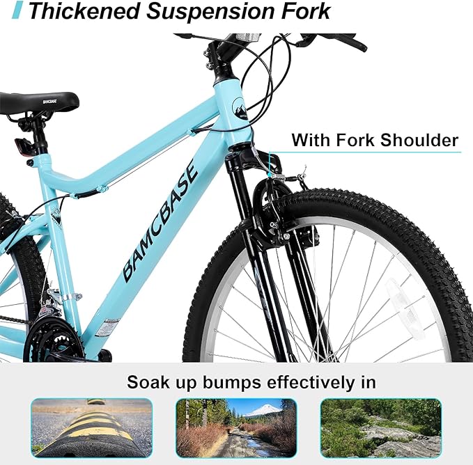 HILAND 26 Inch Womens and Mens Mountain Bike, 18 Speed Steel Frame Adult Bicycle, MTB Bikes with Suspension Fork, V Brake, Mountain Bicycle for Woman Man, Purple Green White