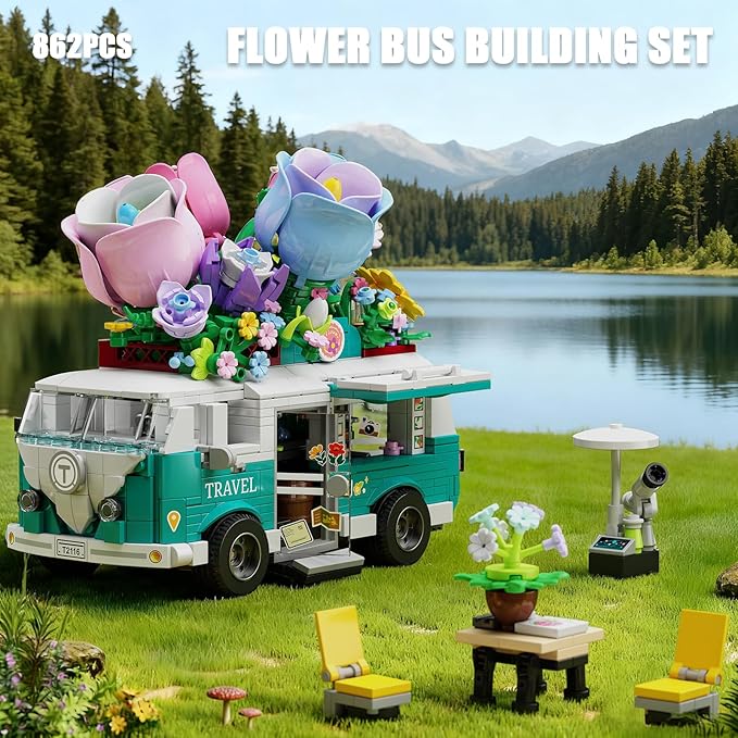 Flower Car Building Block Set, City Camper Van Building Set Botanical Collection Flowers Vehicles Blocks Toys Friends Creative Gift for Boys Girls 6-12 Years Old (862 pcs)