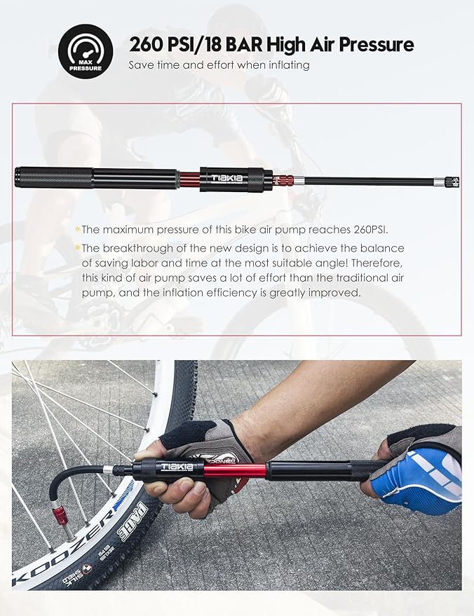 Tiakia Mini Bike Pump,Portable Compact Bicycle Pump,High Pressure Frame Pump 260PSI- Air Hand Pump Fit Presta, Schrader & Woods Valves,Aluminum Alloy Durable Tire Pump for Road/Mountain/BMX Bikes