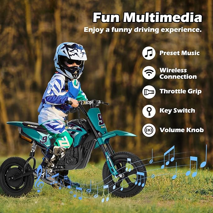 24V Electric Dirt Bike for Kids 6-12- Max 11 MPH & 10 Miles Long-Range, 250W Electric Motorcycle with Twist-Grip Throttle, 12" Knobby Tires, Spring Suspension, Music (Green)