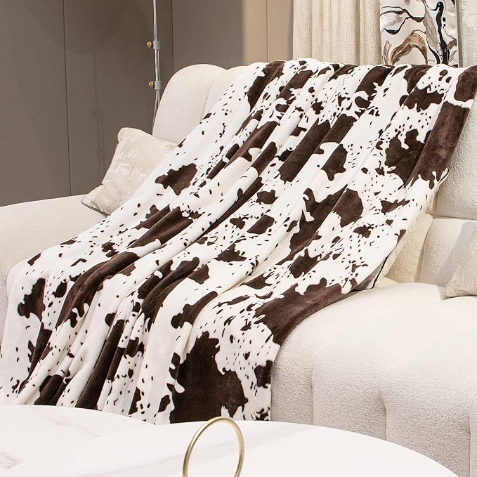 Cow Print Blanket Brown & White - Gifts for Cow Lovers Adults Girls Boys - Soft Plush Lightweight Warm Fleece Throw Blanket for All Seasons Cozy Farmhouse Decor for Bed, Couch, Travel(50"x60")