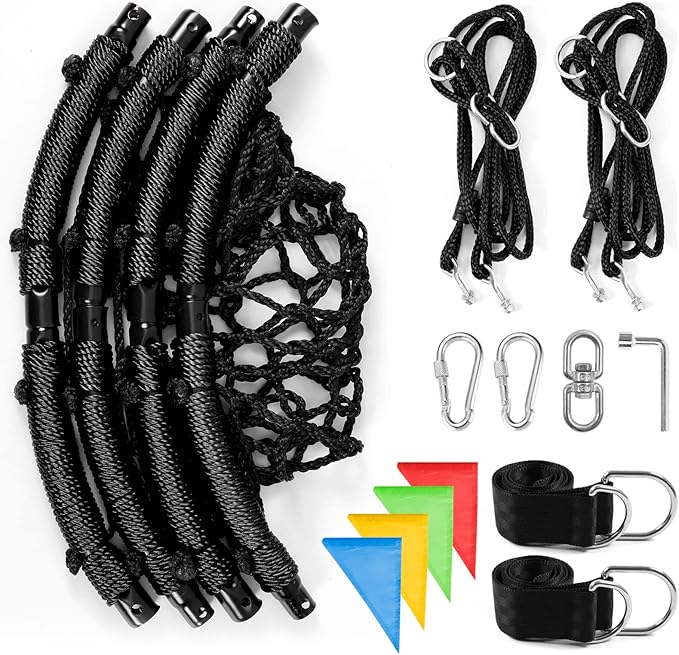 Odoland Spider Web Tree Swing for Kids and Adult, Outdoor Saucer Net Round Swing with Steel Frame and 2 Hanging Straps and Turnbuckle - 43in Large Platform for Backyard Park Travel