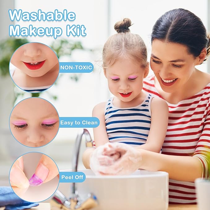 57 in 1 Kids Makeup Kit With 3-Color LED Mirror, Real Washable, Perfect Girl Birthday Gift, Age 3+