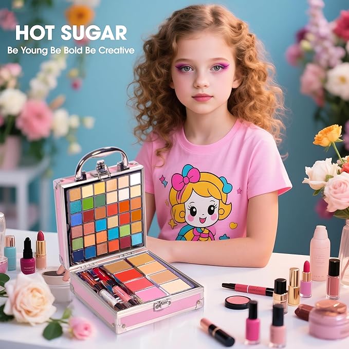 Hot Sugar Girls Makeup Kit Age 4-6 7-8 10-12, Little Girl Makeup Set, Makeup Kit for Teenagers 13-15 Includes Eyeshadow Lip Gloss Blush Highlighter Contour Brush (Pink Unicorn)