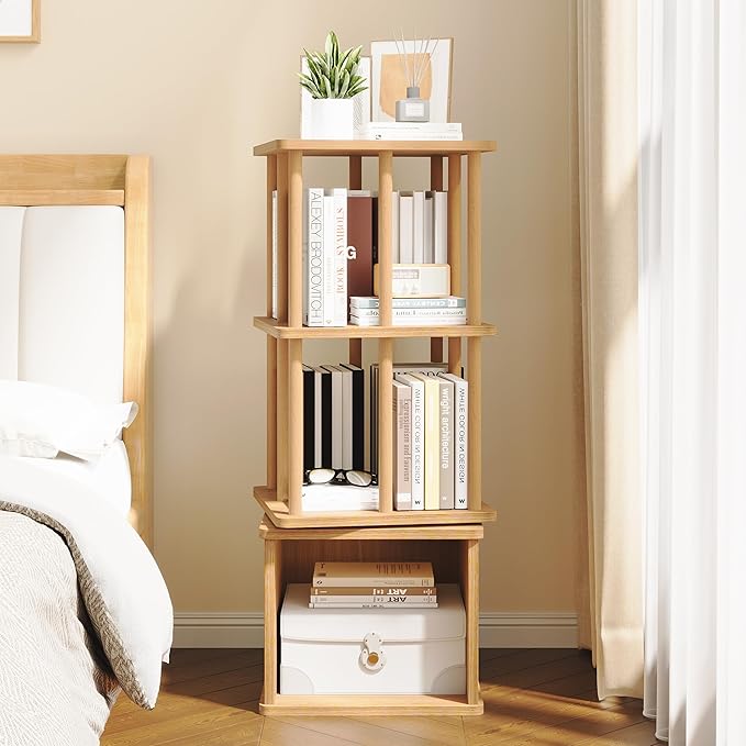 IOTXY 3-Tier Rotating Bookshelf Tower - Beech Wood Frame Spinning Bookcase with Storage Base, Compact Freestanding Revolving Shelf Organizer, Oak