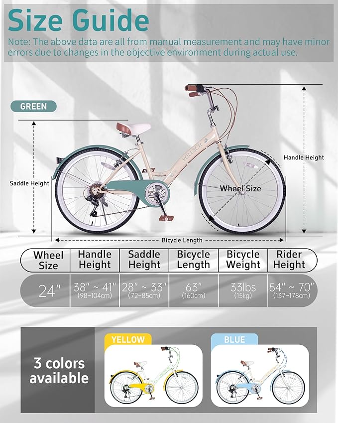 24 Inch 6-Speed Hybrid Beach Cruiser Bike for Girls Youth Ages Over 8 Years Old Kids Bicycle with Dual V-Brakes Adjustable Seat, Multiple Colors