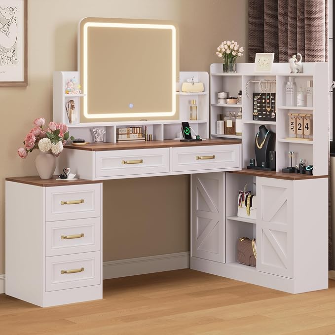 White Vanity Desk with Mirror and Lights 3 Colors, Makeup Vanity Table with Lights & Power Outlets,Makeup Desk with 5 Drawer and Storage Shelves, Jewelry Storage for Bedroom,White Vanity