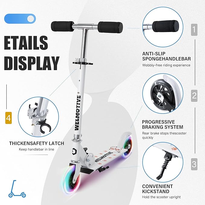 Kick Scooter for 3+Years Old Boys & Girls Lightweight, Foldable, Aluminum Frame, and Adjustable Handlebars, Rear Brake, and Flashing Light up Wheels