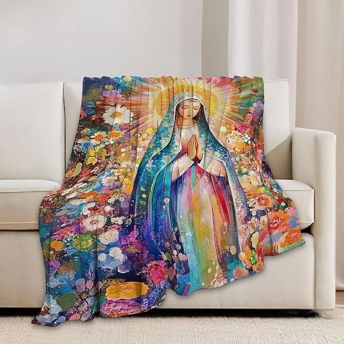 Virgin Mary Blanket Catholic Christian Throw Blankets Religious Gifts for Women Men Faith Prayer Soft Cozy Fleece Plush for Couch Sofa Bed 80"x60"