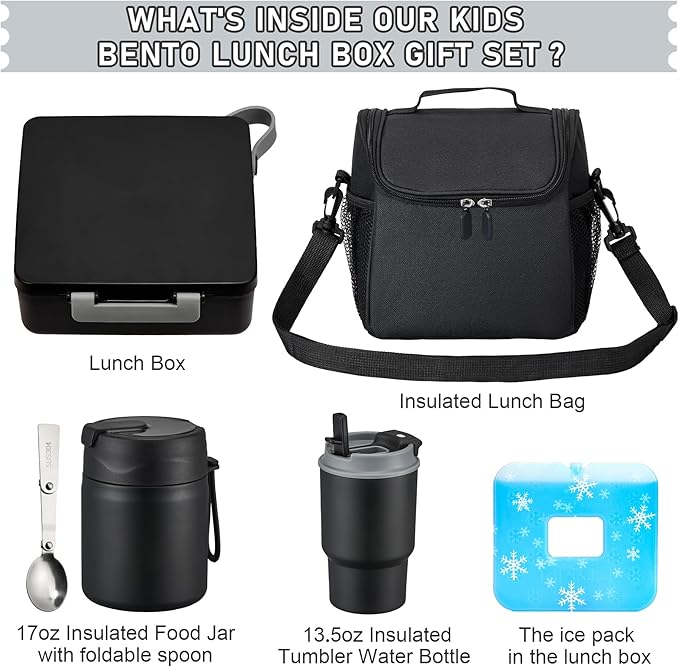 Bento Lunch Box for Kids with 17oz Soup Thermo,Insulated Tumbler Water Bottle and Insulated Lunch Bag,Leak-Proof 3 Compartment Lunch Food Container with Ice Pack for Kids to School-Black