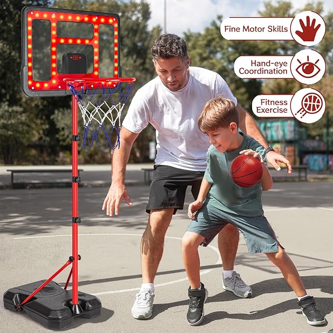 Kids Basketball Hoop Adjustable Height 3.5FT-6.2FT, Indoor & Outdoor Toddler Basketball Hoop with Scoreboard & LED, Boys Basketball Toy for 3 4 5 6 7 8 Years Gift, Portable Basketball Goals Sport Game