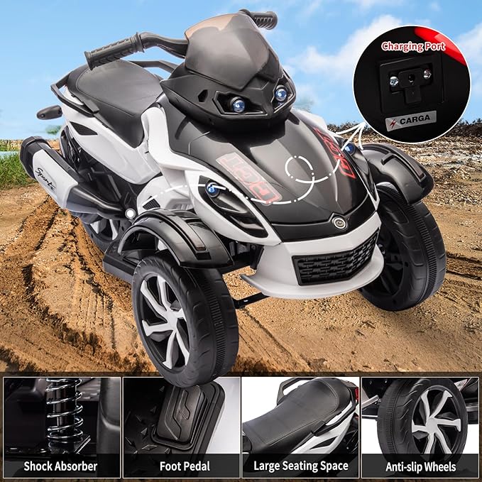 Xinyonxin 12V Kids Electric ATV, 3-Wheeler Motorcycle Ride on Toys for Toddlers w/Music, LED Lights, USB, One-Button Start, Forward/Reverse, Electric All-Terrain Car, Gift for Age 3+ (White)