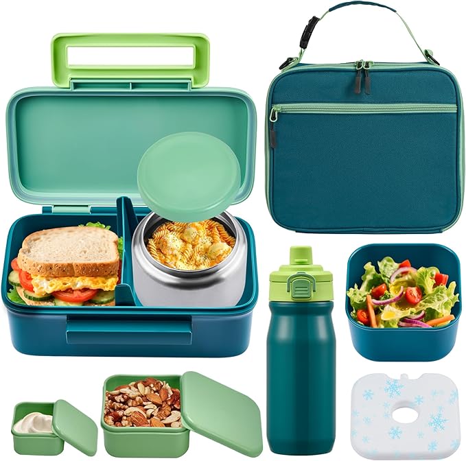 PIQUEBAR Kids Lunch Bento Box with Thermo Ice Pack Food Container with Insulated Lunch Bag, Insulated Water Bottle with Straw for Girls Boys, (A-Green)