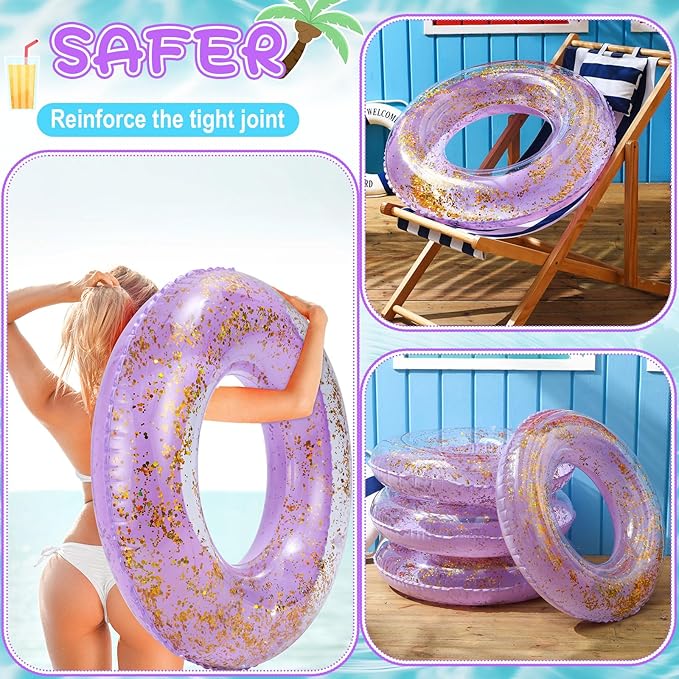ShinyRelief 4 Pcs Inflatable Glitter Pool Float 30'' Macaron Swim Tube with Gold Confetti Swim Inner Tube for Adults Pool Floats Rings for Summer Beach Swimming Pool Bachelorette Party
