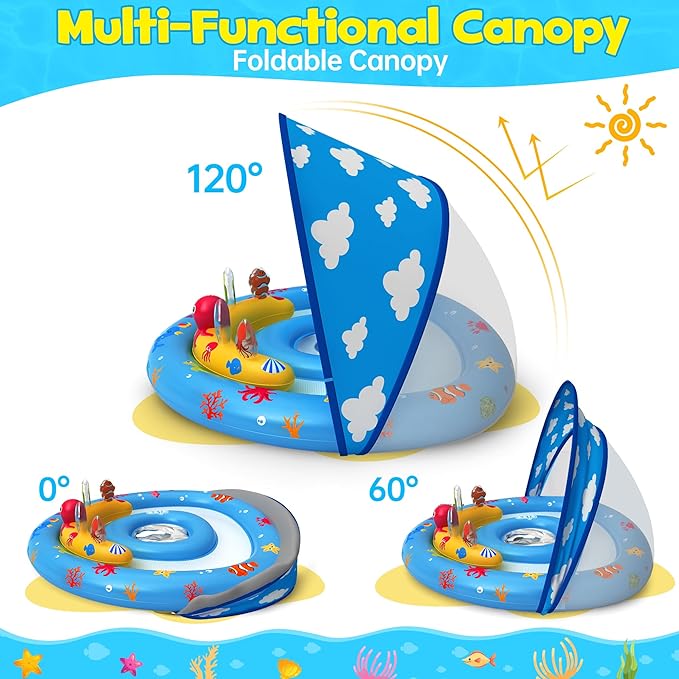 ZIZZ Baby Pool Float with Canopy - 2025 New Inflatable Baby Swim Float with UPF50+Sun Protection, Baby Infant Pool Float with Toy Play Console Adjustable Seat for Toddler Kids Aged 6-36 Months