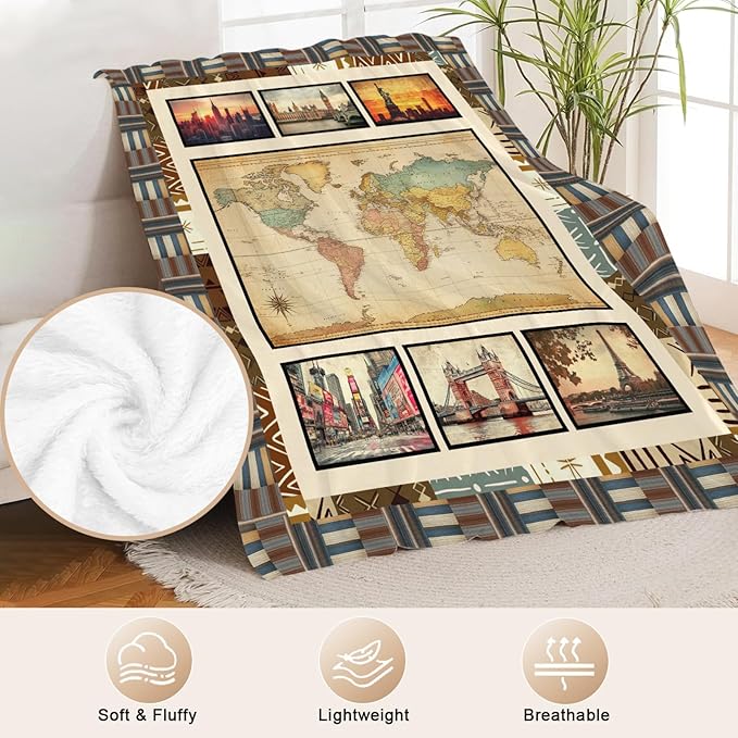 World Map Throw Blanket Ultra Soft Cityscape Flannel Blanket Lightweight Cozy Print Blankets Gift for Women and Men Couch Sofa Bed 60" x 50"