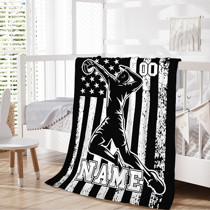 Volleyball Gifts for Kids Boys - Custom 50x40 Inches Small Soft Fuzzy Flannel Blankets Accessories Decor Personalized Sports Throws for Travel Camping