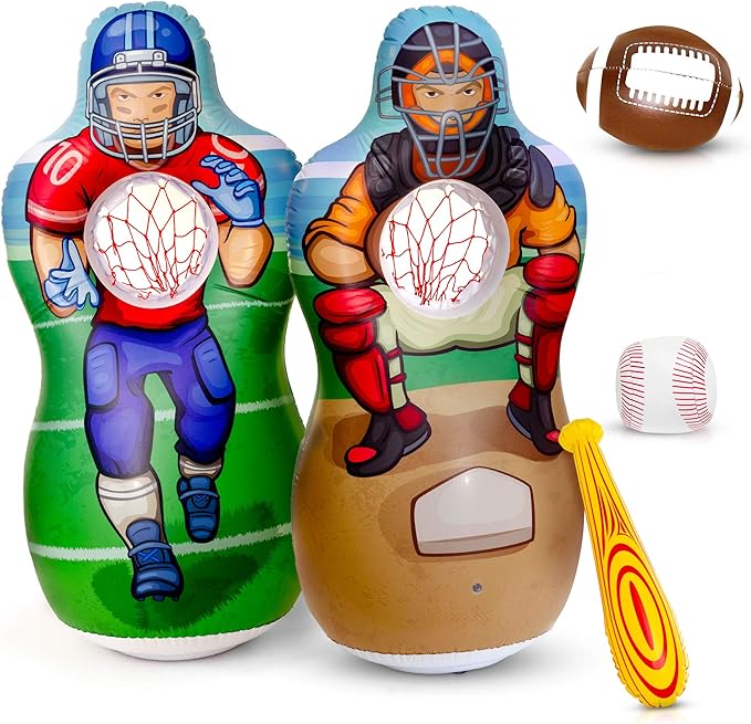 Super Pumped! Inflatable Double-Sided Baseball & Football Target Set - Blow Up Toy with Soft Football, Baseball & Inflatable Bat - Fun Toss Games for Indoor, Outdoor, Backyard & Party Favor - 5 Feet