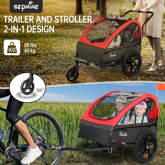 Sepnine Kids Bike Trailer, 2 in1 Canopy Carrier Converts to Stroller Suitable for 1 to 2 Kids, 12+ Months, Quick Attach to Bike, Foldable, with 5-Point Harness and Storage Bags