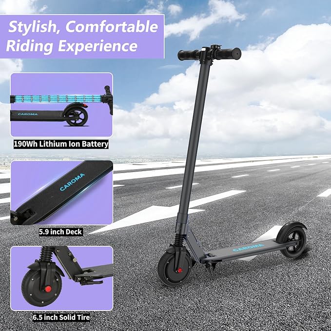 Caroma Electric Scooter for Kids Ages 6-14, 250W Motor Foldable Kids Electric Scooter,160 Mins Ride Time & 3 Speeds (6/10/15 Mph), LED Display & Dual Brake,Best Gift for Girls and Boys