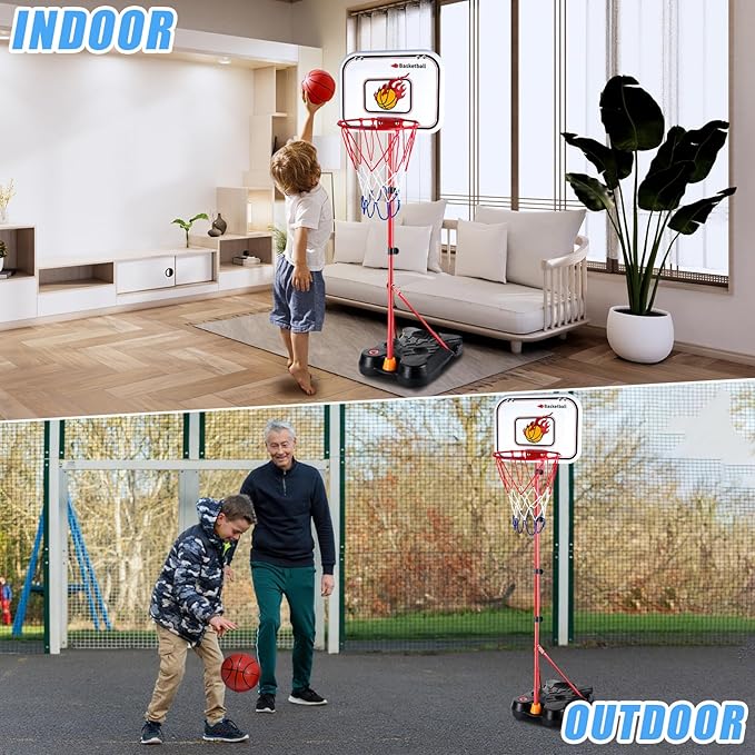 SIOTMERA 4 in 1 Kids Basketball Hoop and T Ball Set, Adjustable Height Toddler Basketball Hoop with Hanging Tee Baseball, Outdoor Indoor Toys Gifts for Boys Girls Ages 3-8