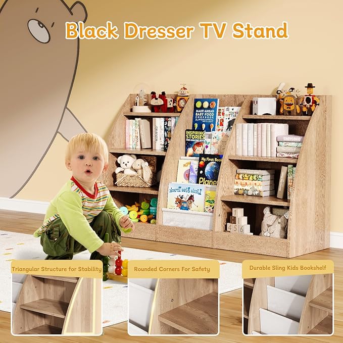 4 Tier Kids Bookshelf, 4 Layer Sling Kid Book Shelf for Kids Rooms, XXL Wood Children Bookcase,Baby Storage Book Rack,Toddler Bookshelfs, Book and Toy Organizer,Books Display Shelf Burlywood