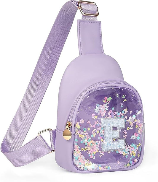 COSHAYSOO Fashion Little Girl Purse Gifts for Baptism First Communion Birthday Dance Recital Choir Performance, Purple Toddler Kids Sling Bag Crossbody Small Mini Clear Chest Pouch Initial Letter E