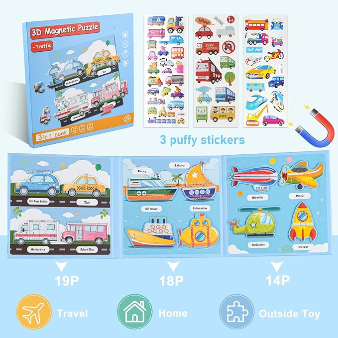ASTARON 3D Magnetic Puzzle with 60 Puffy Stickers for Toddlers, 51 Pieces 3-in-1 Traffic Puzzles Preschool Education Learning Travel Toys Car Plane Activities for Kids Road Trip Birthday Gifts