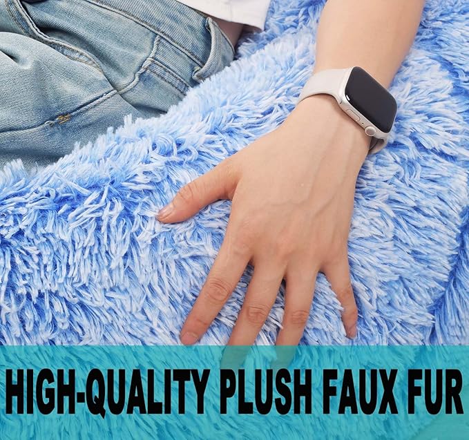 Fluffy Bean Bag Chair, 3FT Round Memory Foam Filled Bean Bag for Teens & Kids, Ultra Soft Faux Fur Fabric Bean Bag Chairs for Playroom, Living Room, Bedroom, Blue