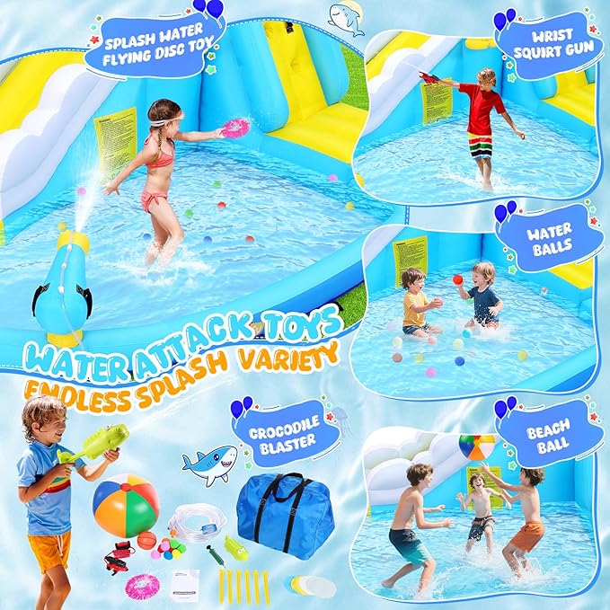 ROOJER Inflatable Water Slide Park for Kids Backyard 12-in-1 Blow Up Narwhal Spray Slide with 480W Blower, Splash Pool, Climbing Wall, Water Cannon, Basketball Hoop for Summer Outdoor Play Party Gift